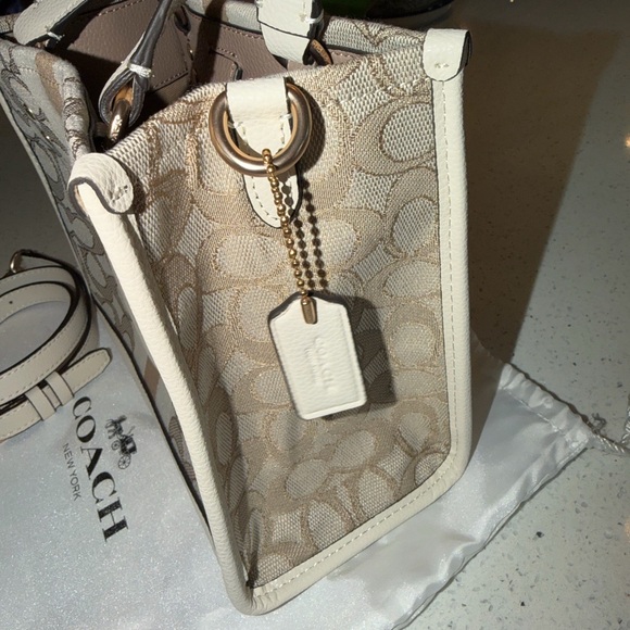 Coach small Beige Signature Jacquard Cream Leather Stripe Dempsey 22 Satchel - Picture 5 of 15